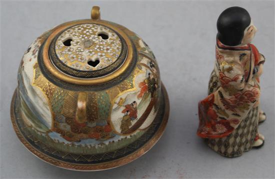 A Japanese Satsuma pottery figure and a similar tripod koro and cover, Meiji period, 10.5cm. diam.